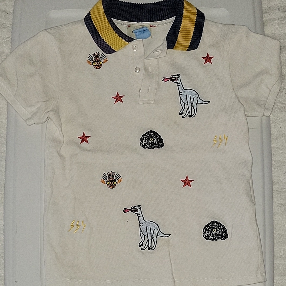 Kids Dinosaur Embroidered Polo Shirt - White